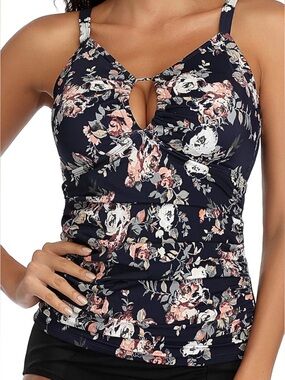 Navy Floral Ruched Tankini Top with Keyhole